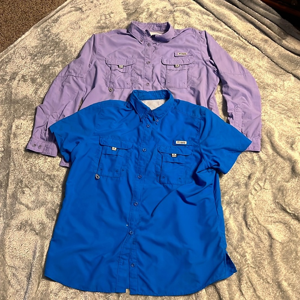 Lot of 2 Columbia PFG Shirts, Blue and lavender, Size XL